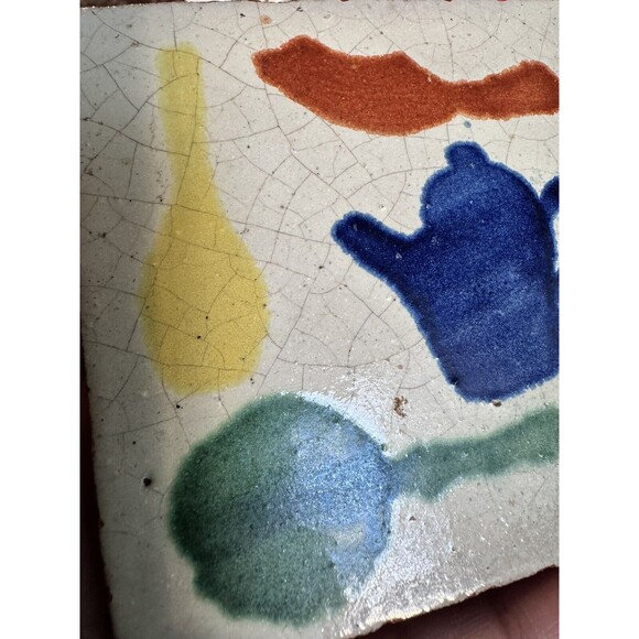 2 antique tile handpainted tiles Pumpkin Pitcher Kitchen Decor 4”x4” - Picture 11 of 15